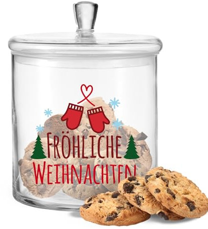 GRAVURZEILE Leonardo Keksglas mit UV-Druck - Fröhliche Weihnachten - Keksdose aus Glas mit luftdichtem Deckel - Vorratsglas für Plätzchen - Dekoration zu Weihnachten - Farbe: UV-Druck