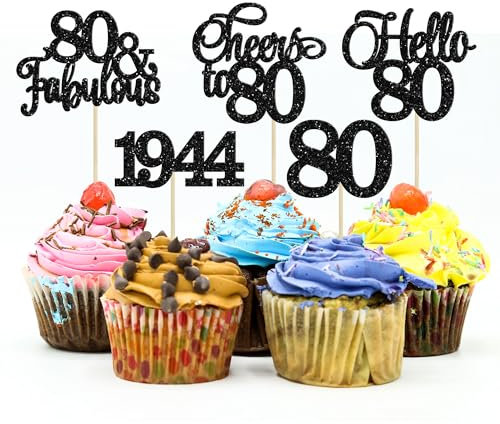 Gyufise 30Pcs 80th Birthday Cupcake Toppers 80 Fabulous Cupcake Picks Cheers to 80 1945 Cake Decorations for Happy 80th Birthday Wedding Anniversary Party Decoration Supplies Black