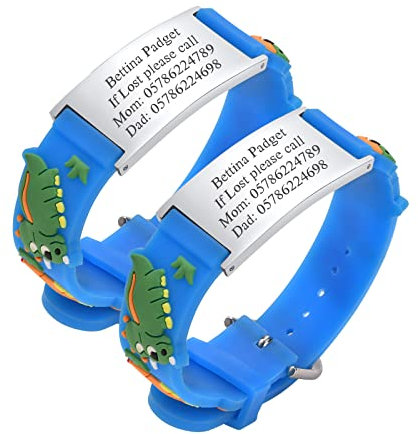 Personalisierte Sicherheitsarmband Kinder - 2 Stück Gravur Edelstahl Tag & Cartoon Silikonband Armband für Mädchen Jungen Kleinkind Individuelle Kinder Anti-Verlust Notfall Armband ID Armbänder Blau