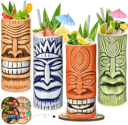 Lot de 4 tasses Tiki en céramique Tiki - Verres à cocktail uniques - Tasse hawaïenne professionnelle pour Halloween et Noël