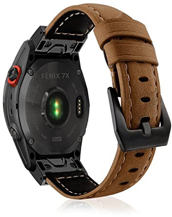 LanQii 26mm QuickFit Leder Armband für Garmin Tactix 8 51mm/Enduro 3/2/1/Descent Mk3i/Mk2i/Mk2/Mk1, Leder Ersatzarmband für Garmin Fenix 8 51mm/7X Pro Solar/7X/6X/6X Pro/5X/5X Puls - Braun