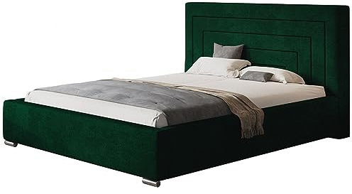 AlpiMeble Polsterbett Nizza mit Kopfteil, 180x200 cm, Doppelbett mit Bettkasten und Lattenrost aus Holz, Velourstoff Grün