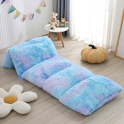 ZIQINPSQ Fleece-Bodenkissenbezug, Matratzen- und Bett-Liegen-Bezug, Kunstfell, Batikkissen, Bett, Bodenliege, Liegestuhlkissen für Mädchen und Jungen, benötigt 5 Kissen (66 x 239 cm/Queen, Blau)