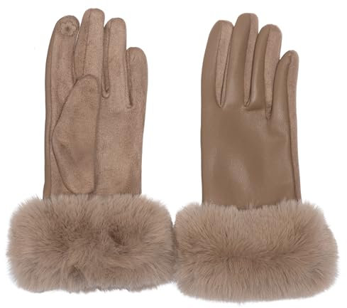 Caspar GLV017 klassisch elegante uni Damen Handschuhe mit Fell Dekor, Farbe:taupe, Accessoires:One Size