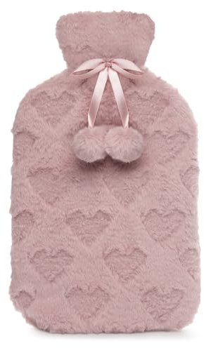 A2Z Hot Water Bottle 2 Litre Pink Heart Embossed Plush Fleece Pom Pom Cover Hot Water Bag for Pain Relief Cosy Nights and Relaxation