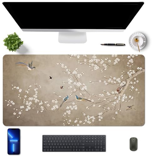 MAYCARI Tapis de Bureau en Cuir PU Imperméable Tapis de Souris Grand 80x40 cm Mouse Pad pour Bureau/Maison, avec Motifs de Fleur de Poirier