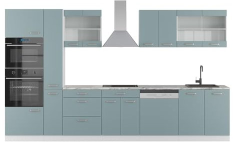 Vicco Küchenzeile R-Line, Blau-Grau/Weiß, 300 cm mit Hochschrank, ohne Arbeitsplatte