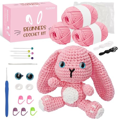 ALODNY Häkelset für Anfänger, Osterhasen-Anfänger-Häkelset für Erwachsene, Stricksets, Haken, Garn-Set mit Schritt-für-Schritt-Video-Tutorials (Rosa)
