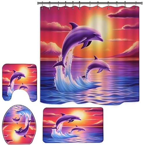 GUDAGUU 4 Piece Dolphin Shower Curtain for Bathroom Sets,Dolphins Jump on The Ocean Bathtub Decor with Bath Rugs Mat Toilet Seat Cover and Hooks, 71 Inch Size Long Sea Sunset Landscape (Sunset)