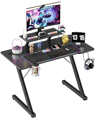 CHOWGOLI Gaming Tisch 100x55x75cm, Gaming Schreibtisch Schwarz KohlefaseroberfläChe, Z Rahmen PC Tisch, Computertisch mit MonitorstäNder, GeträNkehalter, KopfhöRerhaken, Ergonomischer Gaming Desk