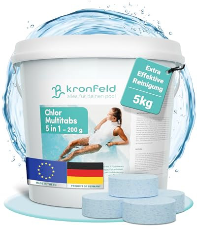 Chlortabletten für Pool 5 in 1-200g Chlor Multitabs 5 in 1 5kg - Tabs für kristallklares Wasser - Desinfektion, Algenverhütung, Flockung, Kalkvermeidung & Chlorstabilisierung - Made in Europe