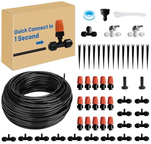 Mist Drip Irrigation System for Garden Watering 60FT, 1/2 & 1/4 Quick-Connect Micro Misting kit for Greenhouse, Plant, Lawn, Raised Bed, Vegetable, Flower. Hanging or Inground Misters Sprinkler