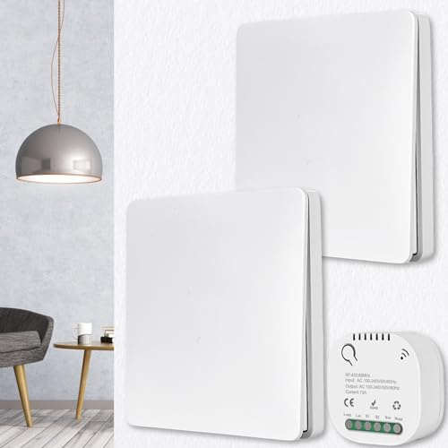Set di interruttori radio, interruttore radio da parete, portata 50 m, 230 V, 2 interruttori con 1 ricevitore, senza batteria, impermeabile, interruttore wireless per lampada da interni ed esterni