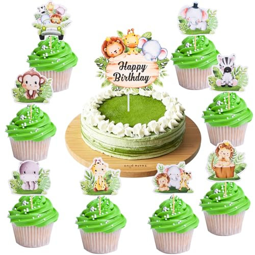 ENLACE 25 Stück Tortendeko Tiere,Happy Birthday Cake Topper Safari Deko,Dschungel Deko Geburtstag,Dschungel Tortendeko Junge,Kuchen Deko Geburtstag Waldtiere Giraffe Löwen Affe Muffin Deko