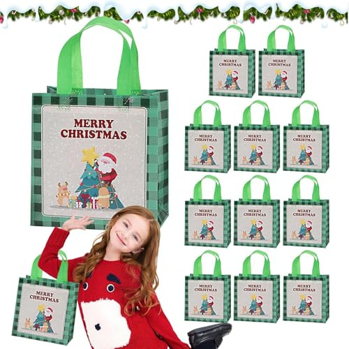 Non-woven Candy Bags, Christmas Candy Bags, Pack of 12 Non-Woven Christmas Bags, Large Retro Christmas Bags, Water Resistant Christmas Bags for New Year Shopping