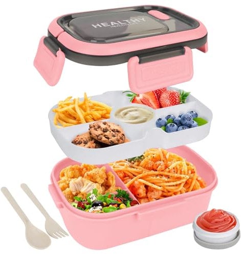 OWill Lunch Box 1200ml, Boite Repas Compartimentée avec Couverts,Boîtes Bento pour Enfants et Adultes,Hermetique,Micro-Ondes,Idéale pour Salades, Gamelle Travail, Pique Nique, rose