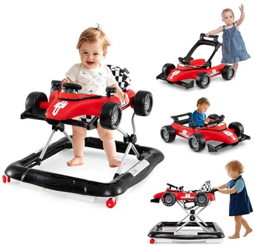 DREAMADE Lauflernhilfe, 4 in 1 Autoförmiger Lauflernwagen mit einstellbarer Geschwindigkeit, Musik & Licht, Babywalker Höhenverstellbar & Klappbar, Gehfrei Baby ab 6 Monate (Modell 2-Rot)