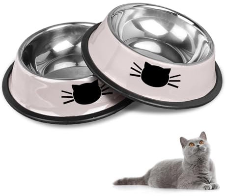 Juego de cuencos para gatos HTRTRR, cuencos antideslizantes de acero inoxidable, comederos y bebederos para gatos y mascotas (gris+gris)