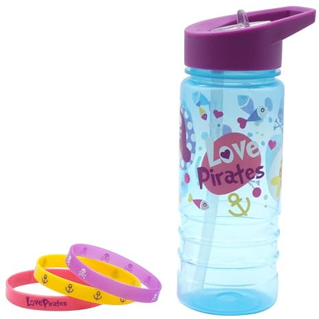 Love Pirates Water Bottle with Straw Lid for Kids and Adult 500ml - Perfect for School BPA Free Summer Water Bottle with Silicon Straw, Leak Proof, Travel