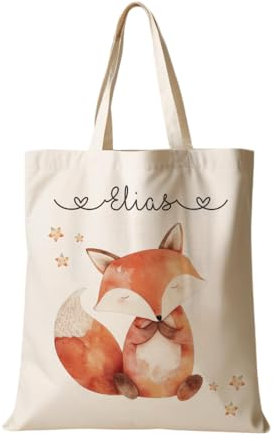 Manufaktur Liebevoll Stoffbeutel mit Namen Stofftasche Personalisiert Kinderbeutel Kindergarten Wechselwäsche Fuchs Waldtier Junge Mädchen Kind Beutel
