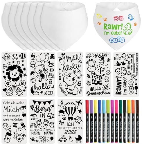 BOOMTOP 8 Dreieckstuch Baby Lätzchen zum Bemalen Halstuch Baumwolle mit 13x Textilstifte 8x Malen Schablonen Halstuch Babyparty Deko Spiele Wasserdicht Lätzchen für Babys Junge Mädchen Babyshower