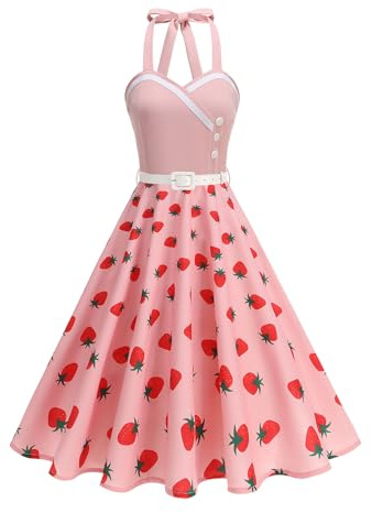 EFOGEP Robe trapèze vintage années 50 avec bretelles spaghetti style rockabilly, style Pinup Hepburn, dos nu, à pois, imprimé floral, pour cocktail, soirée, Rose et fraise, 36