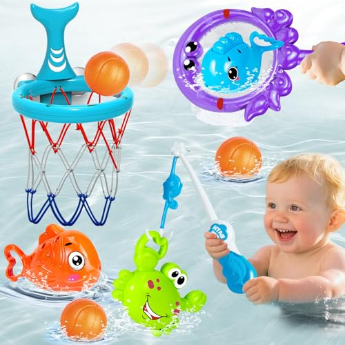 Baby Bath Toys for 1 2 3 Year Olds 9Pcs Water Play Swimming Pool Toys Toddler Kids, Fishing Games Playset with Floating Water Bath Toys & Net, Basketball Hoop Set No Hole Ball for Boys Girls