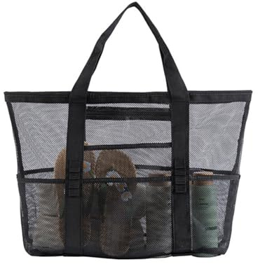Alfven Mesh Strandtasche Familie,Damen Groß Beach Tote Bag Sanddichte Tragetasche Mesh Strandtasche mit Wasserdicht Taschen für Strand, Urlaub, Reise,Fitnessstudio (Schwarz)