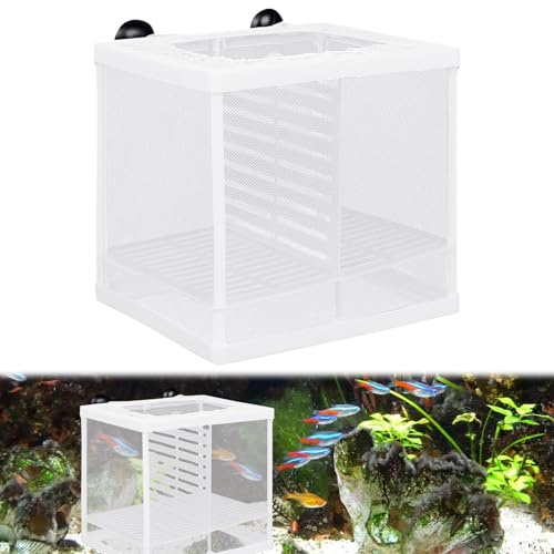Fish Tank Breeder Net, Small Aquarium Breeding Box with Nylon Mesh Suction Cups Separation Net Isolation Fish Fry Hatchery Incubator Hatching Box Protective Mesh for Shrimp Betta Tank, 16*14.5*15.5cm