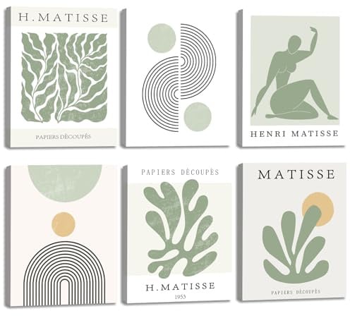 ANHUIB 6Pcs Salbeigrün Matisse Wandkunst Matisse Poster Grün Boho Wandbilder Set Bilder Abstrakt mit Rahmen Wandbilder Matisse Moderne Boho Poster Wanddeko Wohnzimmer Schlafzimmer Büro Deko 20x25cm