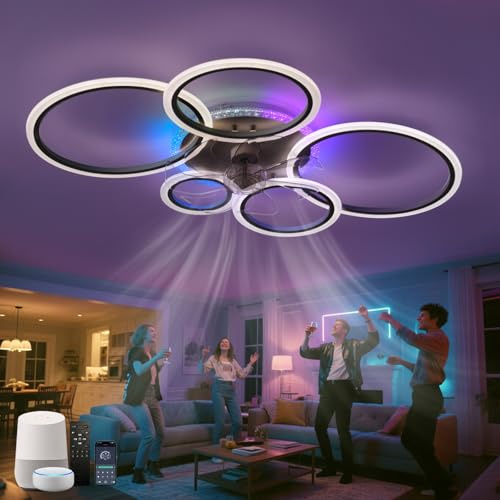 ZOMLBOF Coloured Ceiling Light with Fan Dimmable,Alexa Compatible,Black | Reversible Fans with Lights 6-Speed Timer RGB Quiet Ceiling Fan Light with App Remote,Living Room Bedroom and Game Room