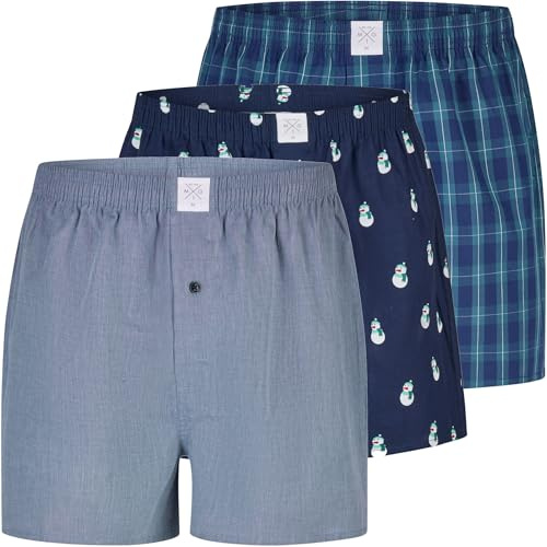 MG-1 3er Pack Herren Boxershorts aus 100% Baumwolle Webboxer mit Knopfleiste, elastischem Bund & Weihnachtsmotiv - Geschenkidee