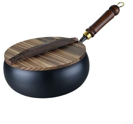 QuivyLivy Hand Forged Iron Pan, Big Belly Cooking Pot for Induction and Gas Stoves, Cast Iron Skillet with Even Heat Distribution, Heavy Duty Home Cooking(28cm pot+wooden lid)