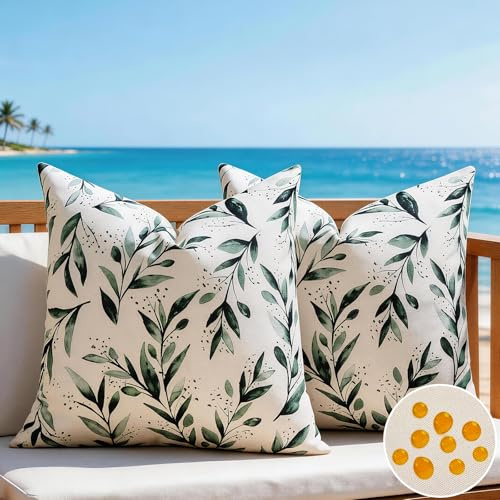 Outdoor Kissenbezug Wasserdicht Kissen Kissenbezug Grünem Blatt Design Landhausstil Kissen 40x40 cm 2er Set Moderne Quadratische Dekokissen Schlichter Landhaus Optik für Schlafzimmer Wohnzimmer Garten