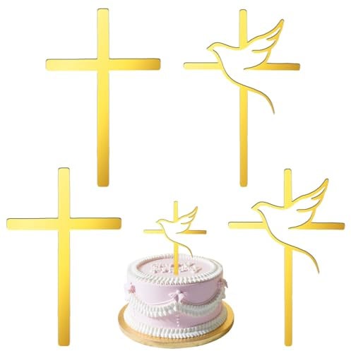 4 Stück Goldenes Kreuz Tortendeko Acryl Cake, Tortendeko Kommunion – Cake Topper für Kommunion, Taufe, Firmung, Konfirmation, Hochzeit und Babyparty