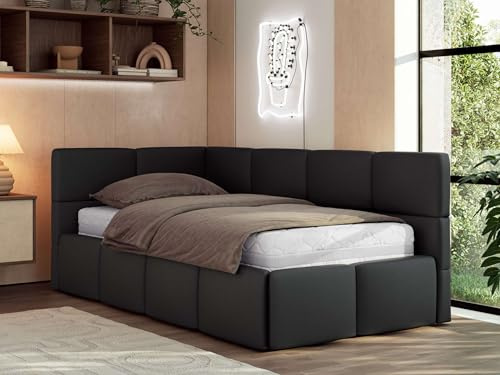 Jugendbett ARVO 90x200 cm mit Lattenrost und Bettkasten, Polsterbett mit gepolstertem Kopfteil und Gasdruckfedern, Eckbett mit Stauraum - mit Schaumstoffmatratze - Schwarz Kunstleder - Linke Seite