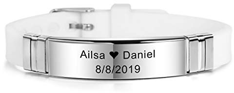 MeMeDIY 13mm Large Identification De Nom De Sport Réglable en Silicone Bracelet Personnalisé pour Homme Femme Enfant Caoutchouc en Acier Inoxydable - Gravure Personnalisée (Blanc Couleur)