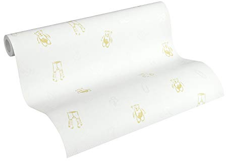 A.S. Création PVC-freie Vliestapete Little Stars Tapete mit niedlichen Baby Motiven 10,05 m x 0,53 m creme metallic weiß Made in Germany 358452 35845-2