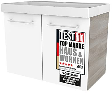 FACKELMANN Lima Badmöbel Set 2 Teile/Gussmarmor Waschbecken/Waschbeckenunterschrank mit 2 Türen/hochwertiger Badschrank mit Soft-Close/Korpus: Braun hell/Front: Weiß/Breite: 60 cm