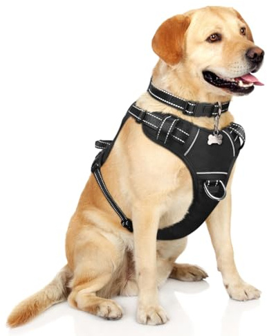 WINSEE Hundegeschirr, kein Ziehen, Haustiergeschirr mit Hundehalsband, verstellbare, reflektierende OxfordOutdoorWeste, vorne hinten Leinenclips für kleine, mittelgroße, extra große Hunde,