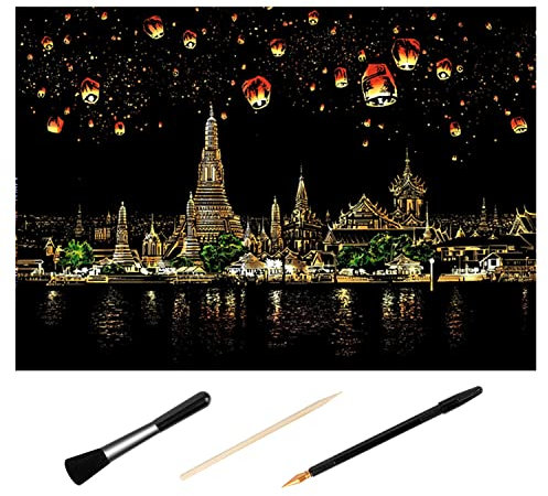 H HOMEWINS Kratzbilder 405 x 285 MM Weltberühmte Sehenswürdigkeiten Wandbild DIY Kunst Zeichnung City Night View Schwarz Beschichtet Bunte Kratzpapier mit Werkzeug Set (Chiang Mai)