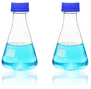 ULAB Scientific Erlenmeyer Flask with Blue Screw Cap, 17oz 500ml, 3.3 Borosilicate with Printed Graduation, Pack of 2, UEF1020