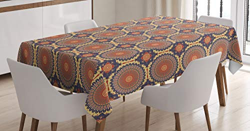 ABAKUHAUS Mandala Tischdecke, maurische Motiv, Druck mit Klaren Farben ohne Verblassen Waschbar für innen oder Außen Bereich, 140 x 170 cm, Dunkelblau Beige