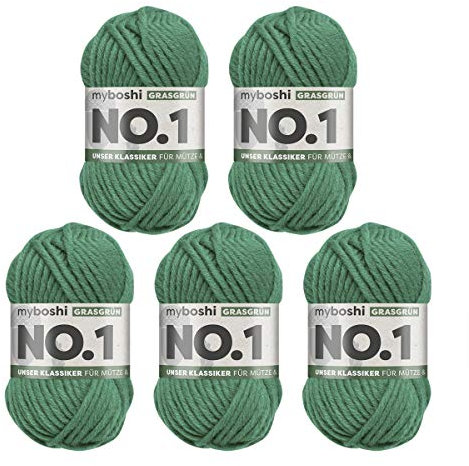myboshi No.1 Wolle zum Häkeln und Stricken, Schnellstrickgarn, langlebige Mützenwolle, Strickwolle, Häkelwolle, mulesing-frei, 50g, Ll 55m Grün (Grasgrün) 5 Knäuel