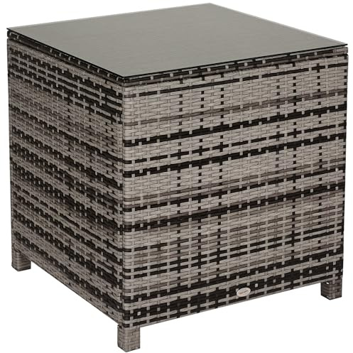 Outsunny Patio PE Rattan Side Table, Square Outdoor Coffee Table w/Tempered Glass Top, Mixed Grey