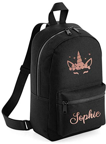 Rose Gold Unicorn Head Personalised Girls Mini Backpack, Black