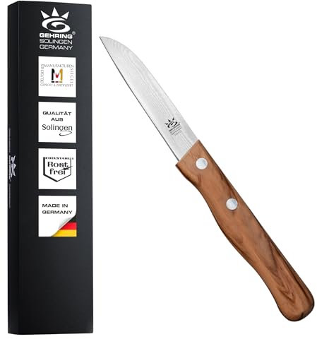 Gehring Solingen Look Damast Gemüsemesser I 8 cm Klingenlänge I eisgehärter Damaststahl VG10 I ergonomischer Olivenholzgriff I Küchenmesser I Schälmesser I Damastmesser I Made in Germany