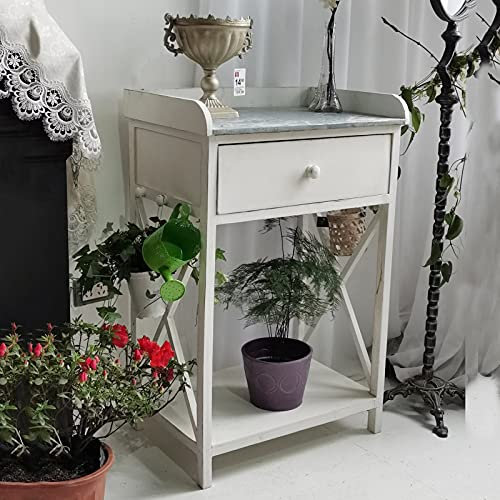 FQMYLTYN Jahrgang Alt Pflanztisch Gärtnertisch aus Holz für Outdoor/Indoor, Bodenstehender Pflanzenständer mit Schublade Und Haken, Weiß, 60cm X 40cm X 92cm