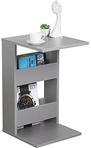 RICOO Kleiner Beistelltisch Holz 35 x 60 x 40 cm Couchtisch mit Stauraum Grau – WM042-PL, Konsolentisch, Wohnzimmertisch für Couch, Kleiner Tisch, Mini Tisch klein, Sofatisch in C-Form
