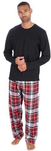 Style It Up Mens Long Sleeve Plain Top Checked Bottoms Sleepwear Pajama Set Crew Neck Warm Cozy Super Soft Adults Loungewear (RED-BLACK, L)